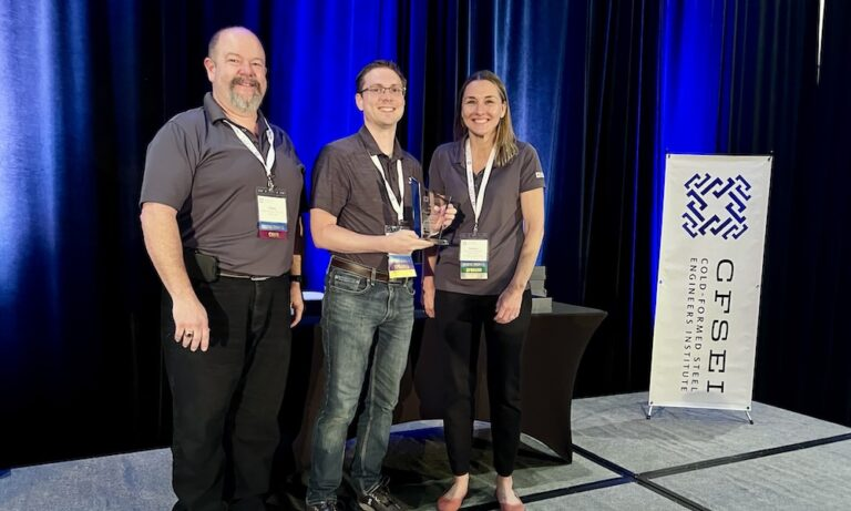 Josh Garton (center) of McClure accepts the CFSEI Design Excellence Second Place award, Municipal category presented by CFSEI’s Immediate Past Chair Dana Hennis and Chair Tammy Gleed.