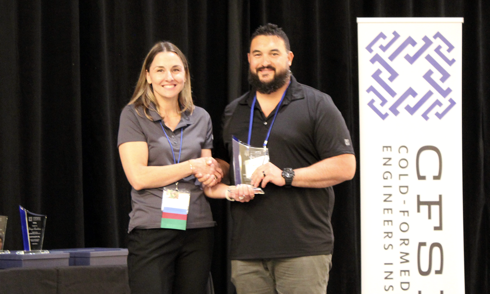 Derrick Suarez, P.E., Lochsa Engineering, LLC Accepts the CFSEI Design Excellence First Place Award, Municipal Category Presented by Tammy Gleed, P.E., CFSEI Immediate Past Chair
