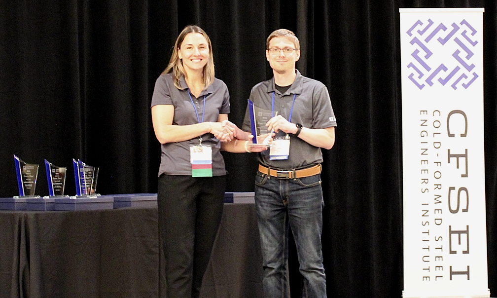 Josh Garton, P.E., S.E., McClure Accepts the CFSEI Design Excellence First Place Award, Residential/Hospitality Category Presented by Tammy Gleed, P.E., CFSEI Immediate Past Chair