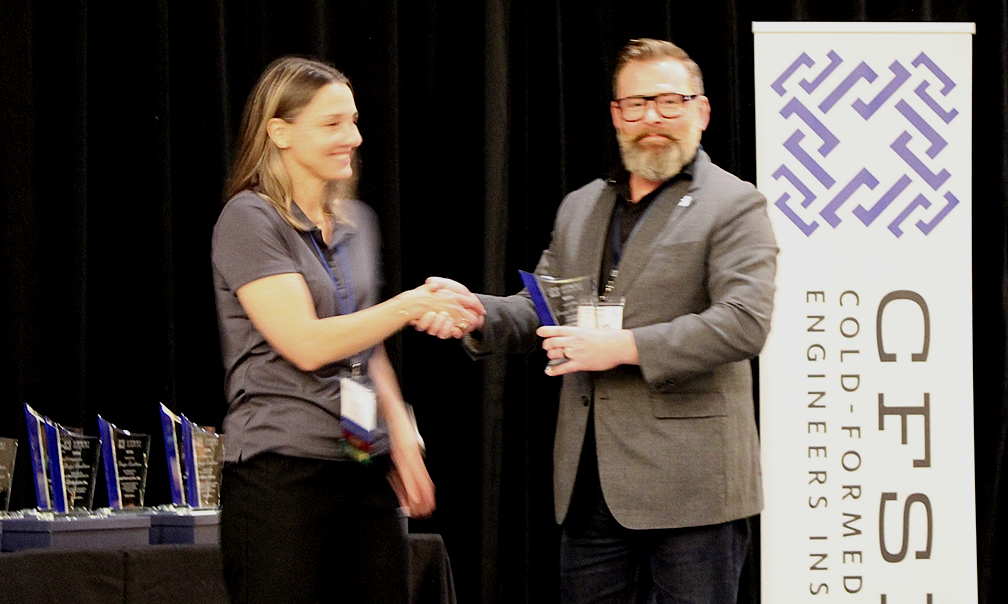 Matthew Comber, Industrialized Construction Solutions, Inc. Accepts the CFSEI Design Excellence Third Place Award, Commercial Category Presented by Tammy Gleed, P.E., CFSEI Immediate Past Chair