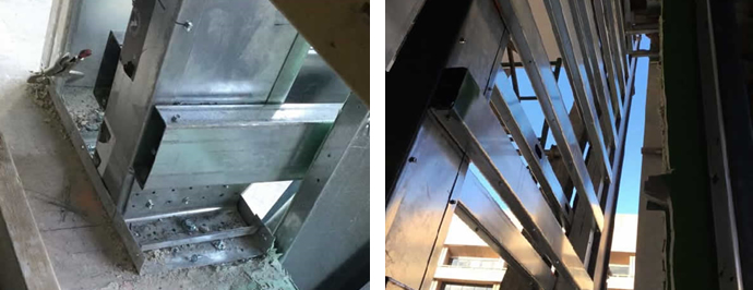 Left: Interior picture of bottom connection at Triangulated Veil Fin – Right: Interior picture of horizontal nested beams along the length of Triangulated Veil Fin – Photos courtesy of ADTEK Engineers, Inc.